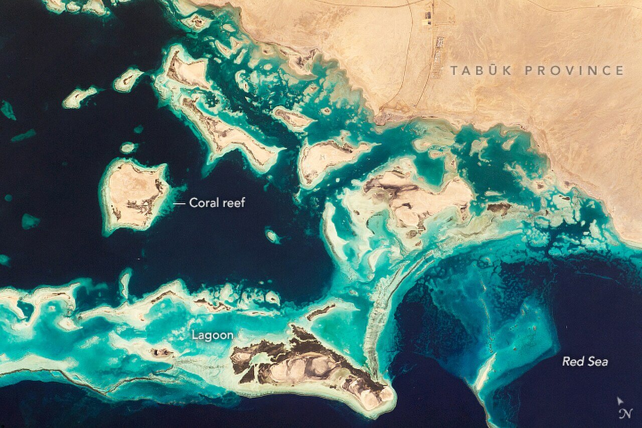 Arrecifes y lagunas turquesas de la costa saudí del mar Rojo